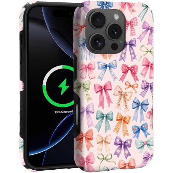 Magnetic for iPhone 16 Pro Max Case, [Compatible with Magsafe] Upgrade Dual Layer Protective Heavy Duty Shockproof Rugged Drop Protection Bumper Hybrid Case -Vintage Style Cute Pastel Ribbon Bows