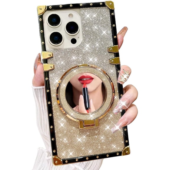 Magnetic for iPhone 16 Pro Max Case, Glitter Shockproof Protective Ring Holder Foldable Kickstand Make up Mirror Bling Plated Case Girly Woman Soft Phone Cover for iPhone 16 Pro Max (Gold)