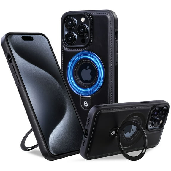 Magnetic for iPhone 16 Pro Max Case with MagSafe Compatible & Ring Holder Stand, Luxury PU Leather Slim Shockproof Cover Support Wireless Charging Kickstand Phone Case for iPhone 16 Pro Max, Black