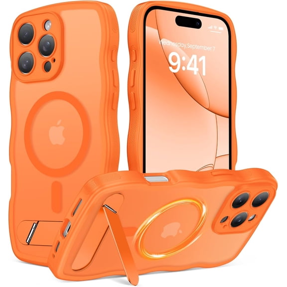 Magnetic for iPhone 16 Pro Max Case with Stand, Cute Wavy Invisible Kickstand Compatible with Magsafe Slim Matte Fit Girl Women Men Protective Cover for iPhone 16 ProMax 6.9", Cosmic Orange