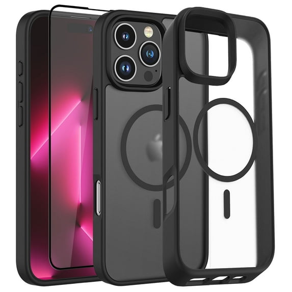Magnetic for iPhone 16 Pro Max Case with Tempered Glass Screen Protector, Compatible with MagSafe Military Grade Drop Protection Shockproof Phone Case Rugged Cover for iPhone 16 Pro Max - Black