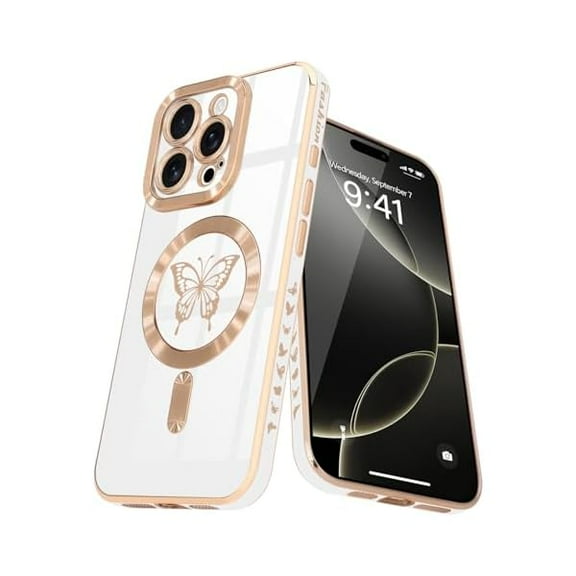 Magnetic for iPhone 16 Pro Max Case for Women Girls Cute, Compatible with MagSafe Glitter Luxury Plating Gold Butterfly Anti-Scratch Shockproof Cover Phone Case for iPhone 16 Pro Max, White