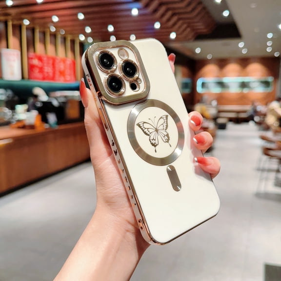 Magnetic for iPhone 16 Pro Max Case for Women Girls Cute, [Compatible with MagSafe] Luxury Butterfly Pattern Plating Anti-Scratch Shockproof Cover Phone Case for iPhone 16 Pro Max, White