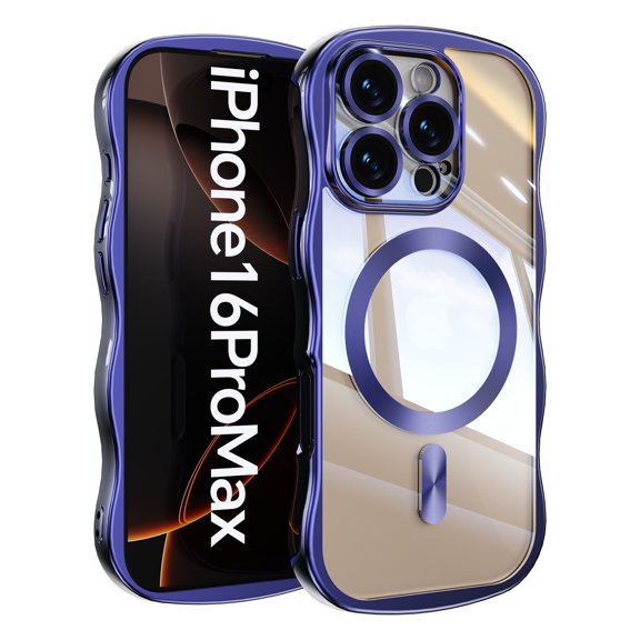 Magnetic For iPhone 16 Pro Max Phone Case,Cute Wavy Frame,Compatible with Mag-safe,Ultra Slim Shockproof Anti-fall Protection,Rugged Durable Electroplated Bumper Thin Phone Case,Darkpurple