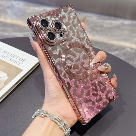 Magnetic for iPhone 16 Pro Max Phone Case,Luxury Leopard Cheetah Pattern Design,Compatible with Mag-Safe,Built-in Lens Film,Glitter Shockproof Anti-fall Electroplated Phone Case,Pink