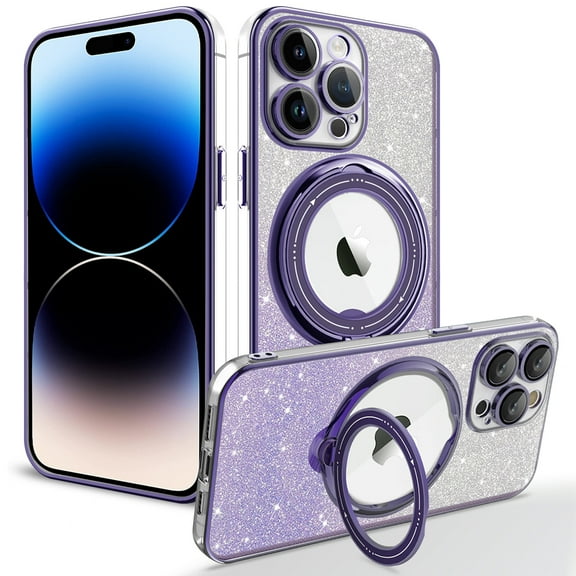 Magnetic for iPhone 16 Pro Max Phone Case Sparkly with Ring Stand, [Compatible with Mag-Safe], Slim Crystal Gradient Glitter Shockproof Hard Back Drop Protective Case for Girls Women, Darkpurple