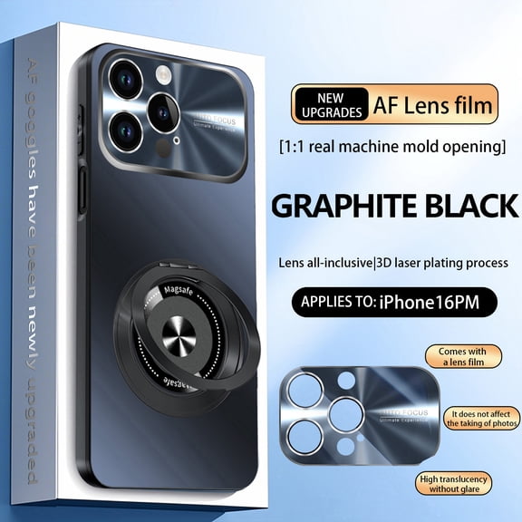 Magnetic For iPhone 16 Pro Max Phone Case,With 360° Rotatable Ring Kickstand,Glossy Lens Protection,Ultra Slim Shockproof Anti-Scratch Protection Rugged Thin Fit Phone Case Cover,Black