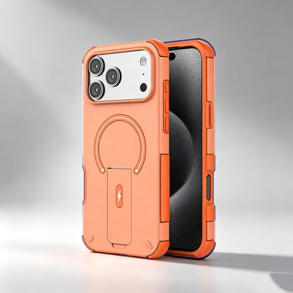 Magnetic For iPhone 16 Pro Max Phone Case,With Invisible Foldable Kickstand,Compatible with Mag-Safe,Two-color Heavy Duty Shockproof Drop Protection,Rugged Sturdy Phone Case Cover,Orange