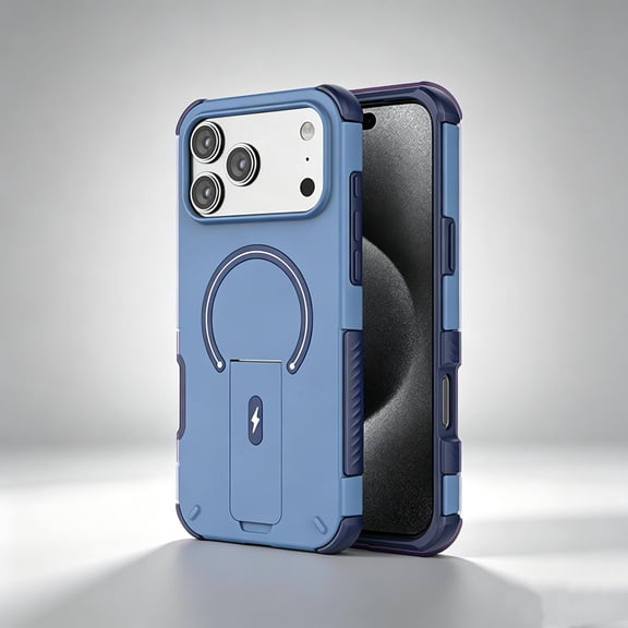 Magnetic For iPhone 16 Pro Max Phone Case,With Invisible Foldable Kickstand,Compatible with Mag-Safe,Two-color Heavy Duty Shockproof Drop Protection,Rugged Sturdy Phone Case Cover,Blue