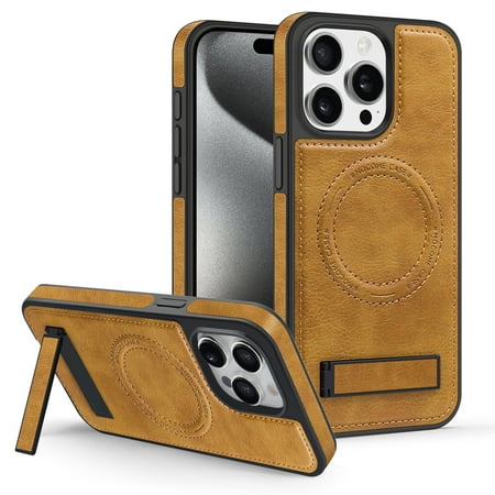 Magnetic for iPhone 16 Pro PU Leather Case, Compatible with Magsafe, Built-in Invisible Stand, Premium Ultra Slim Adjustable Kickstand Protective Phone Case for iPhone 16 Pro,Brown
