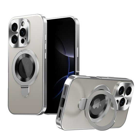 Magnetic For iPhone 16 Pro Phone Case,Built-in Anti-Peep Screen Protector,with Retractable Ring Kickstand,Compatible with Mag-Safe,2-in-1 Heavy Duty Shockproof Anti-Scratch Phone Case,Silver