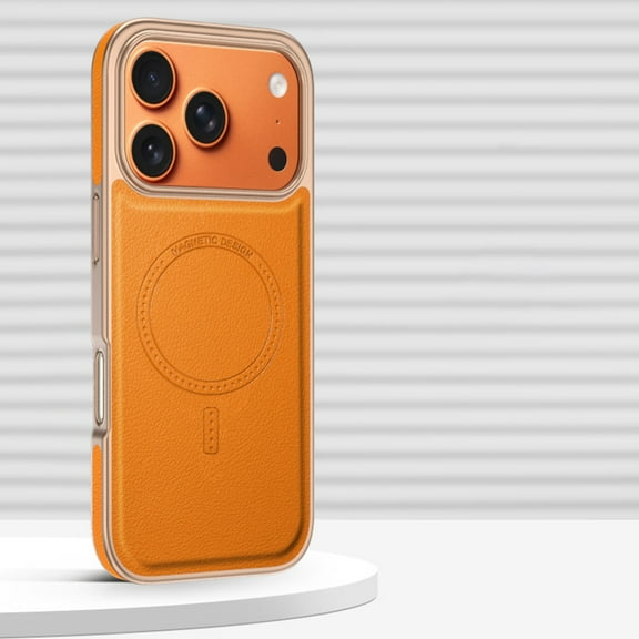 Magnetic For iPhone 16 Pro Phone Case,Compatible with Mag-Safe,Anti-Scratch Ultra Slim PU Leather Back,Anti-fall Shockproof Drop Protection Rugged Durable Thin Phone Case Cover,Orange