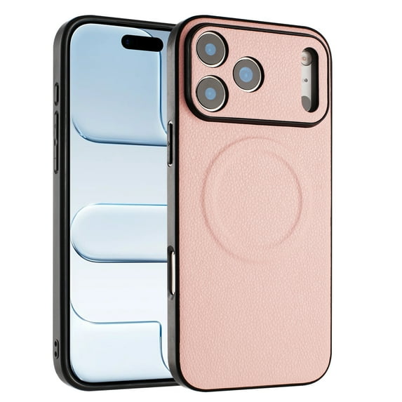 Magnetic For iPhone 16 Pro Phone Case,Lychee Pattern PU Leather Back Design,Compatible with Mag-safe,Ultra Slim Anti-Scratch Anti-fall Protection Shockproof Thin Fit Phone Case,Pink