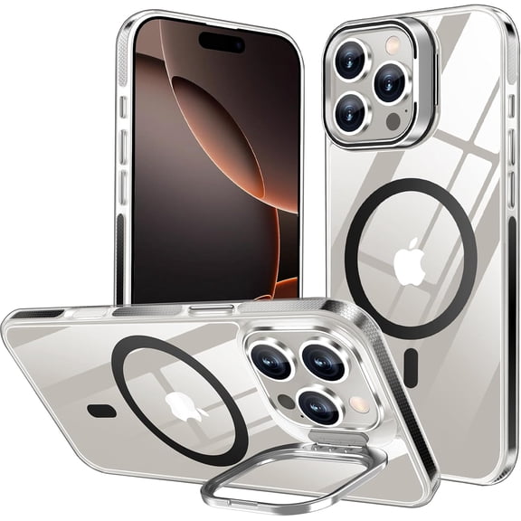 Magnetic for iPhone 16 pro max Case, Compatible with MagSafe, Military-Grade Shockproof Protective Case, Built-in Stash Stand Phone Case, Scratch-Resistant Back Cover, Crystal Clear,6.9inch