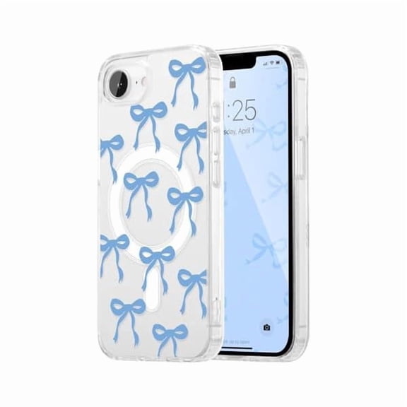 Magnetic for iPhone 16e Case, Bow Case Compatible with MagSafe, Wireless Slim Clear Ribbon Aesthetic Phone Cover Anti-Yellowing Shockproof Protective Cover for Women Girl - Blue