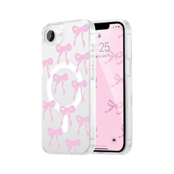 Magnetic for iPhone 16e Case, Bow Case Compatible with MagSafe, Wireless Slim Clear Ribbon Aesthetic Phone Cover Anti-Yellowing Shockproof Protective Cover for Women Girl - Pink