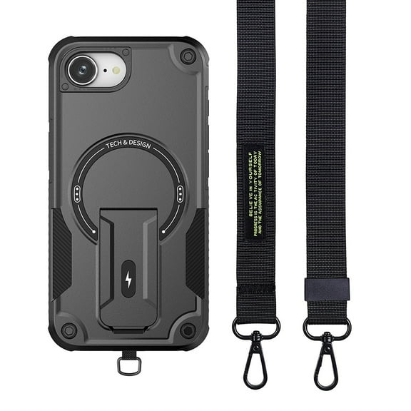 Magnetic for iPhone 16e Case with Crossbody Strap, [Compatible with MagSafe] Built-in Kickstand. Rugged Protection Heavy Duty Shockproof Phone Case for iPhone 16e,Black