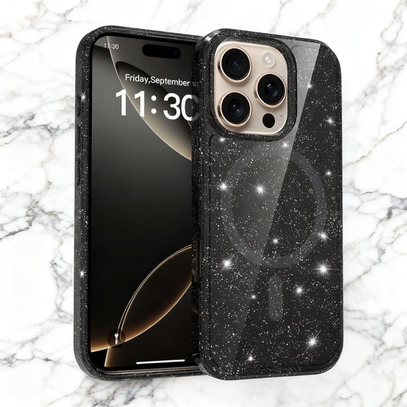Magnetic For iPhone 16e Phone Case,Compatible with Mag-Safe,Cute Bling Sparkly Glitter Transparent Back,For Women Girls,Ultra Slim Shockproof Anti-fall Anti-Scratch Durable Phone Case,Black