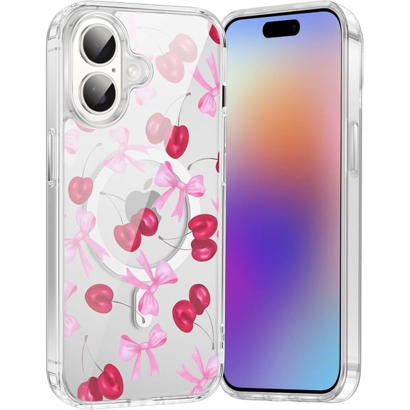 Magnetic for iPhone 17 6.3'' Cherry Bow Phone Case, Compatible with MagSafe, Cute Ribbon Aesthetic Clear Case Wireless Anti-Yellowing Shockproof Protective Cover for Women Girls