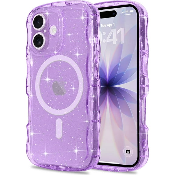 Magnetic for iPhone 17 Case Clear, Sparkly Bling Glitter Cute Curly Wave Transparent Cover for Women Men Compatible with MagSafe TPU Shockproof Protective Phone Case for iPhone 17, Purple