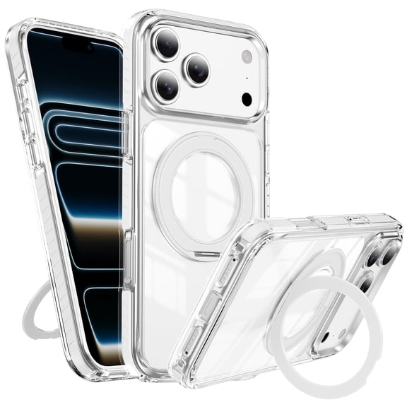 Magnetic iPhone 17 Case Clear w/ Ring Holder Foldable Stand Metal Kickstand[Compatible with MagSafe][Camera Protection]Slim Transparent Protective Phone Otter Cover Box Cell Phone Case for iPhone 17