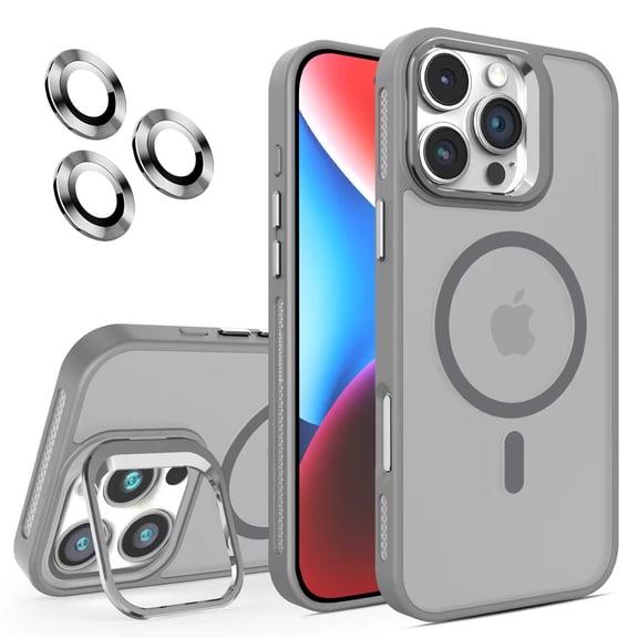 Magnetic for iPhone 17 Frosted Case,[Built-in Invisible Kickstand][Compatible with MagSafe][Military Grade Shockproof][Lens Protection Film] Hybrid Slim Matte Phone Case,Gray