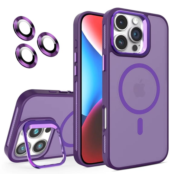 Magnetic for iPhone 17 Frosted Case,[Built-in Invisible Kickstand][Compatible with MagSafe][Military Grade Shockproof][Lens Protection Film] Hybrid Slim Matte Phone Case,Darkpurple