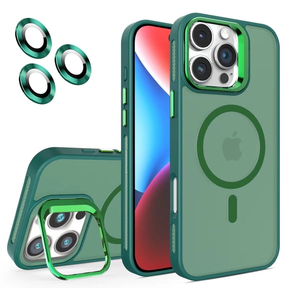 Magnetic for iPhone 17 Frosted Case,[Built-in Invisible Kickstand][Compatible with MagSafe][Military Grade Shockproof][Lens Protection Film] Hybrid Slim Matte Phone Case,Darkgreen