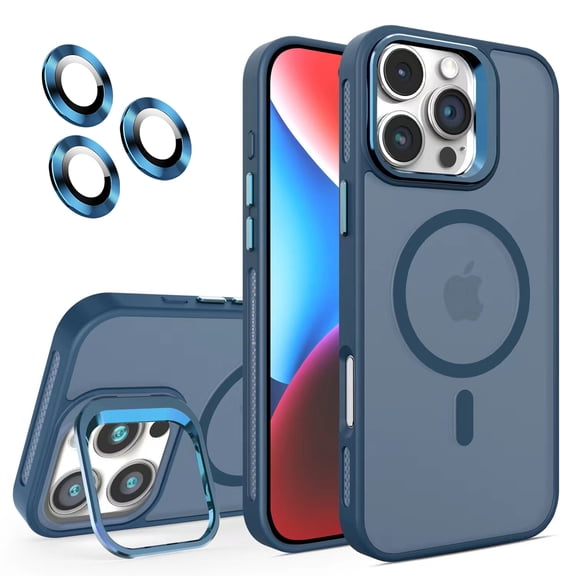 Magnetic for iPhone 17 Frosted Case,[Built-in Invisible Kickstand][Compatible with MagSafe][Military Grade Shockproof][Lens Protection Film] Hybrid Slim Matte Phone Case,Darkblue