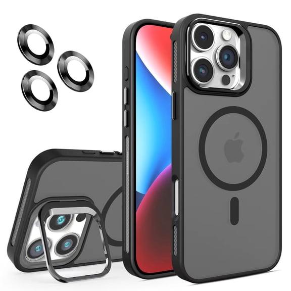 Magnetic for iPhone 17 Frosted Case,[Built-in Invisible Kickstand][Compatible with MagSafe][Military Grade Shockproof][Lens Protection Film] Hybrid Slim Matte Phone Case,Black