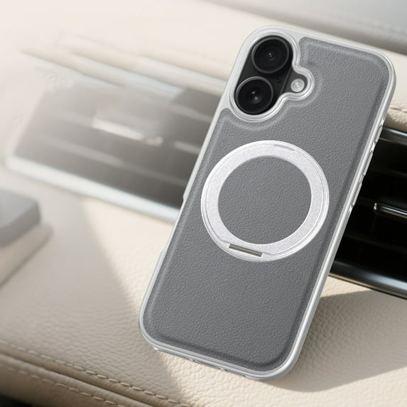 Magnetic For iPhone 17 Phone Case,360° Rotatable Ring Kickstand,Anti-Scratch Lychee Pattern PU Leather Back,Shockproof Anti-fall Protection Rugged Durable Phone Case Cover,Gray