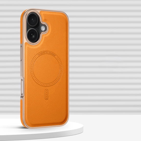 Magnetic For iPhone 17 Phone Case,Compatible with Mag-Safe,Anti-Scratch Ultra Slim PU Leather Back,Anti-fall Shockproof Drop Protection Rugged Durable Thin Phone Case Cover,Orange