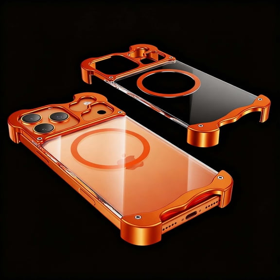 Magnetic For iPhone 17 Phone Case,Compatible with Mag-Safe,Crystal Transparent Back,Hard PC + Metal Hybrid Shockproof Bumper Design,Anti-fall Drop Protection Durable Borderless Case,Orange