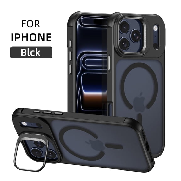 Magnetic For iPhone 17 Phone Case,Compatible with Mag-Safe,With Contractile Lens Ring Kickstand,Ultra Slim Shokcproof Anti-fall Matte Anti-fingerprint Back,Durable Phone Case,Black