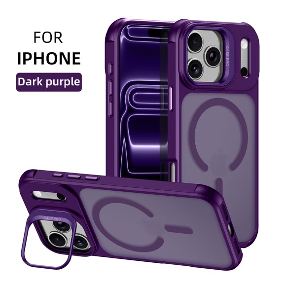 Magnetic For iPhone 17 Phone Case,Compatible with Mag-Safe,With Contractile Lens Ring Kickstand,Ultra Slim Shokcproof Anti-fall Matte Anti-fingerprint Back,Durable Phone Case,Darkpurple