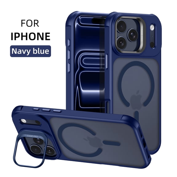 Magnetic For iPhone 17 Phone Case,Compatible with Mag-Safe,With Contractile Lens Ring Kickstand,Ultra Slim Shokcproof Anti-fall Matte Anti-fingerprint Back,Durable Phone Case,Darkblue