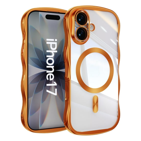 Magnetic For iPhone 17 Phone Case,Cute Wavy Frame,Compatible with Mag-safe,Ultra Slim Shockproof Anti-fall Protection,Rugged Durable Electroplated Bumper Thin Phone Case,Orange