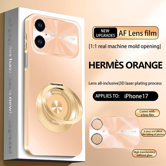 Magnetic For iPhone 17 Phone Case,With 360° Rotatable Ring Kickstand,Glossy Lens Protection,Ultra Slim Shockproof Anti-Scratch Protection Rugged Thin Fit Phone Case Cover,Orange