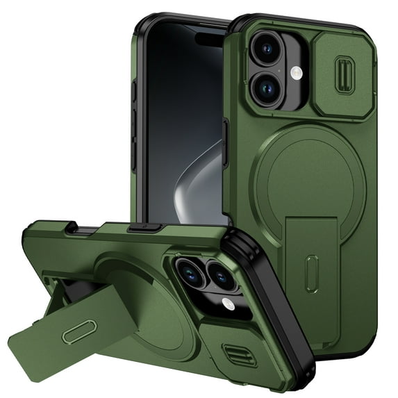 Magnetic For iPhone 17 Phone Case,With Contractile Kickstand,Camera Cover,Compatible with Mag-Safe,Heavy Duty Shockproof Protection Anti-fall Anti-Scratch Rugged Phone Case,Green