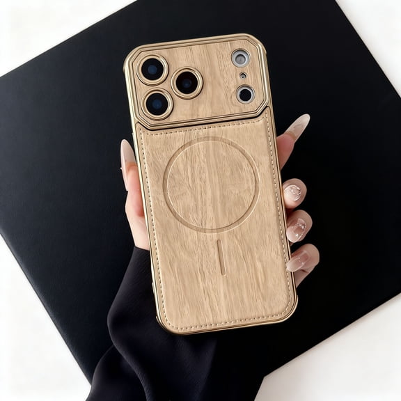 Magnetic For iPhone 17 Phone Case,Wood Grain PU Leather Back Design,Compatible with Mag-Safe,Electroplated Bumper,Ultra Slim Anti-Scratch Shockproof Anti-fall Durable Phone Case,Gold
