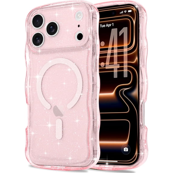 Magnetic for iPhone 17 Pro Case Clear, Sparkly Bling Glitter Cute Curly Wave Transparent Cover for Women Men Compatible with MagSafe Shockproof Protective Phone Case for iPhone 17 Pro, Pink