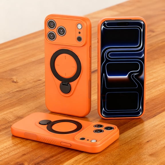 Magnetic for iPhone 17 Pro Case, Compatible with Mag-Safe, Rotatable Kickstand Ring Holder, Shockproof Soft TPU Drop Protection Cover with Soft Microfiber Lining for iPhone 17 Pro, Orange