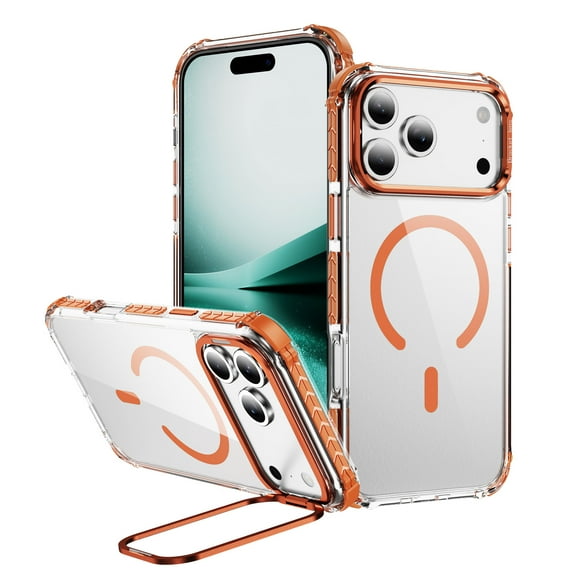Magnetic for iPhone 17 Pro Case, Compatible with MagSafe, with Camera Lens Stand, Matte Skin Feeling Case, Military-Grade Drop Proof Transparent Slim Shockproof Phone Case Cover, Orange