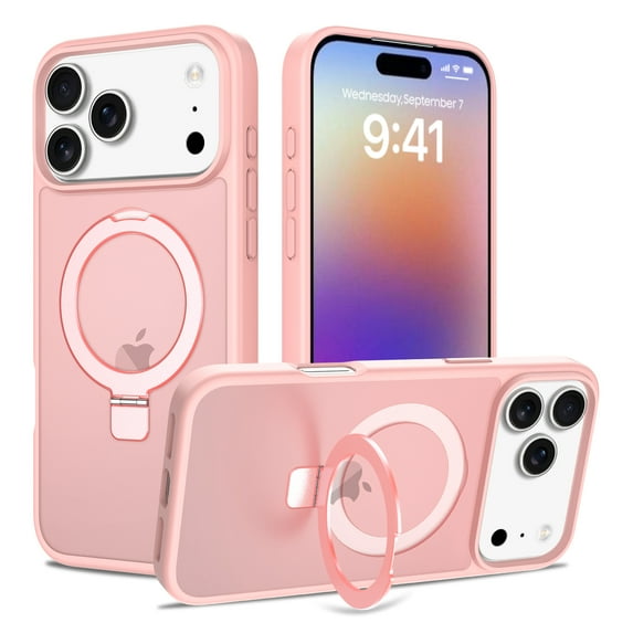 Magnetic for iPhone 17 Pro Case, Shock-Absorbent Anti-Fingerprint Matte Protective Back Cover with Ring Kickstand, Anti-Scratch PC+TPU Non-Slip Slim Wireless Charging Phone Case, Pink