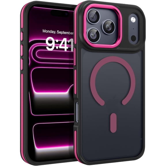 Magnetic for iPhone 17 Pro Max Case 2025 [Compatible with Magsafe] [Military-Grade Protection] Matte Women Men Anti-Slip Shockproof Bumper Phone Cases for 17 Pro Max 6.9", Hot Pink/Black