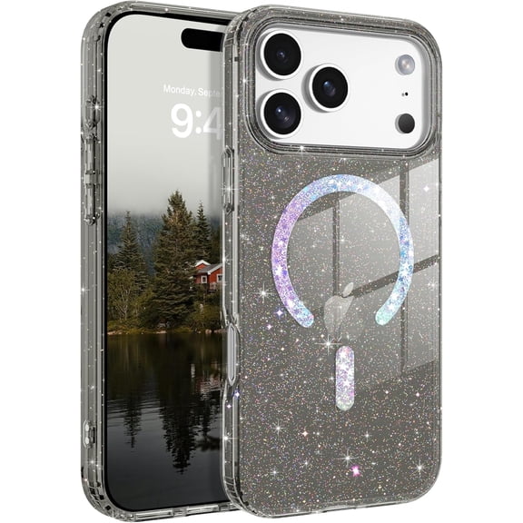 Magnetic for iPhone 17 Pro Max Case, Clear Crystal Glitter Bling 17 Pro Max Phone Case [Compatible with MagSafe], Shockproof Sparkly Cute Women Girl Cover for iPhone 17 Pro Max, Black