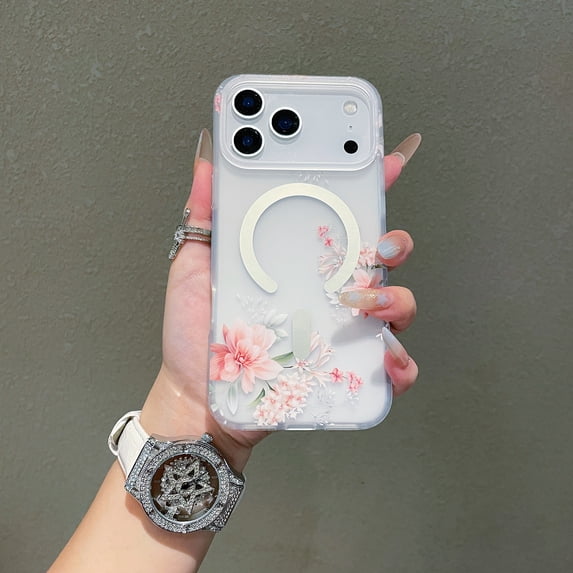 Magnetic for iPhone 17 Pro Max Case,Compatible with MagSafe, Cute Flower Floral Design iPhone 17 Pro Max Case for Women Girls, Slim Shockproof Soft TPU Bumper Hard PC Back Phone Case,D