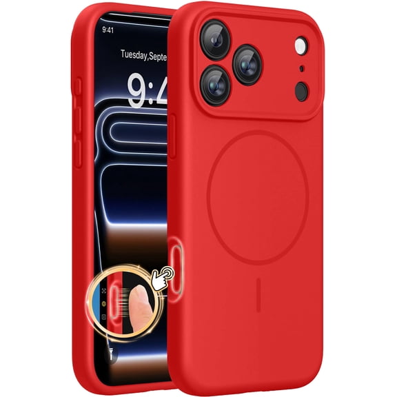 Magnetic for iPhone 17 Pro Max Case, Compatible with MagSafe, Integrated Silicone Camera Control Cover, 3.0mm Thicken Shockproof Drop Protection Phone Case for 17 Pro Max 6.9", Red