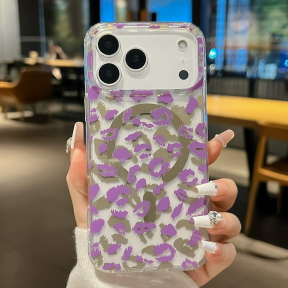 Magnetic for iPhone 17 Pro Max Case, Compatible with Magsafe, Slim Cute Rubber Leopard Pattern for Girls Women Slim Hard PC Back Clear Crystal Shockproof Phone Cover Wireless Charging,Purple