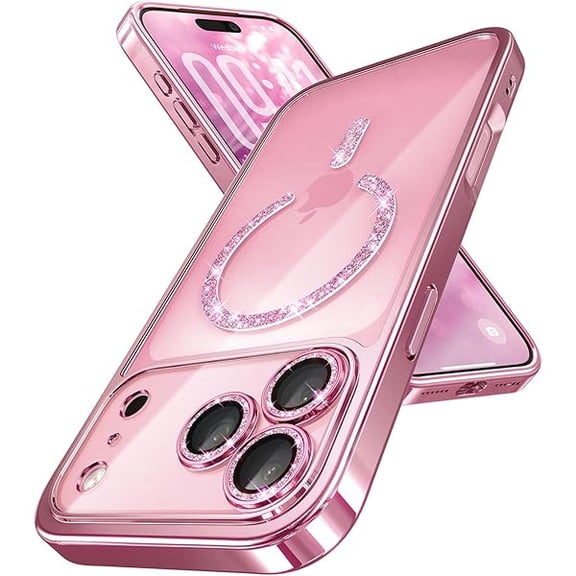Magnetic for iPhone 17 Pro Max Case with Glitter Integrated Lens Protection, [Glossy Bumper & Shiny Magnetic Ring] [Compatible with Magsafe] Cute Women Girly Phone Case for iPhone 17 Pro Max Pink